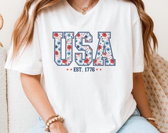 Floral USA Sweatshirt, America Shirt, Fourth of July Shirt, 4th of July Tee, Patriotic Women Shirt, USA Est 1776 Tee, Girly 4th of July