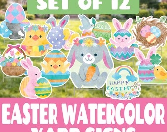 Letreros coloridos de Pascua para jardín / Juego de 12 / Decoraciones primaverales de acuarela pastel