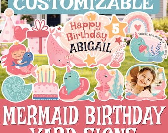 Letreros de cumpleaños personalizados con temática de sirena para jardín, con nombre y foto: Exhibición personalizada para fiestas al aire libre