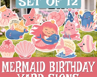 Letreros de cumpleaños con temática de sirena para jardín (juego de 12) - Exhibición para fiestas al aire libre