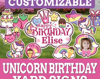 Letreros de cumpleaños personalizados con unicornio para jardín, con nombre y foto: Exhibición personalizada para fiestas al aire libre