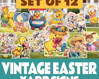 Letreros de Pascua estilo vintage para jardín (juego de 12) - Decoración retro de mediados de siglo para exteriores