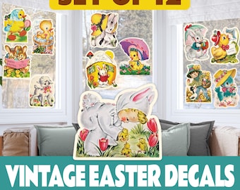 Decoración de Pascua estilo vintage para ventanas: vinilos removibles para interiores y exteriores. Bonita decoración de vidrio de temporada.