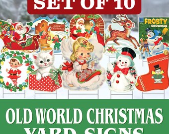 Juego de letreros navideños de estilo vintage para jardín - Decoraciones navideñas retro de mediados de siglo para exteriores