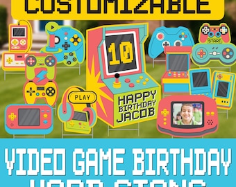Letreros de cumpleaños con temática de videojuegos para jardín con nombre y foto personalizados / Exhibición para fiesta al aire libre