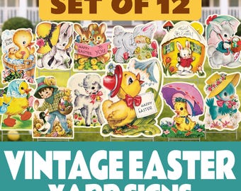 Letreros de Pascua estilo vintage para jardín (juego de 12) - Decoración retro de mediados de siglo para exteriores