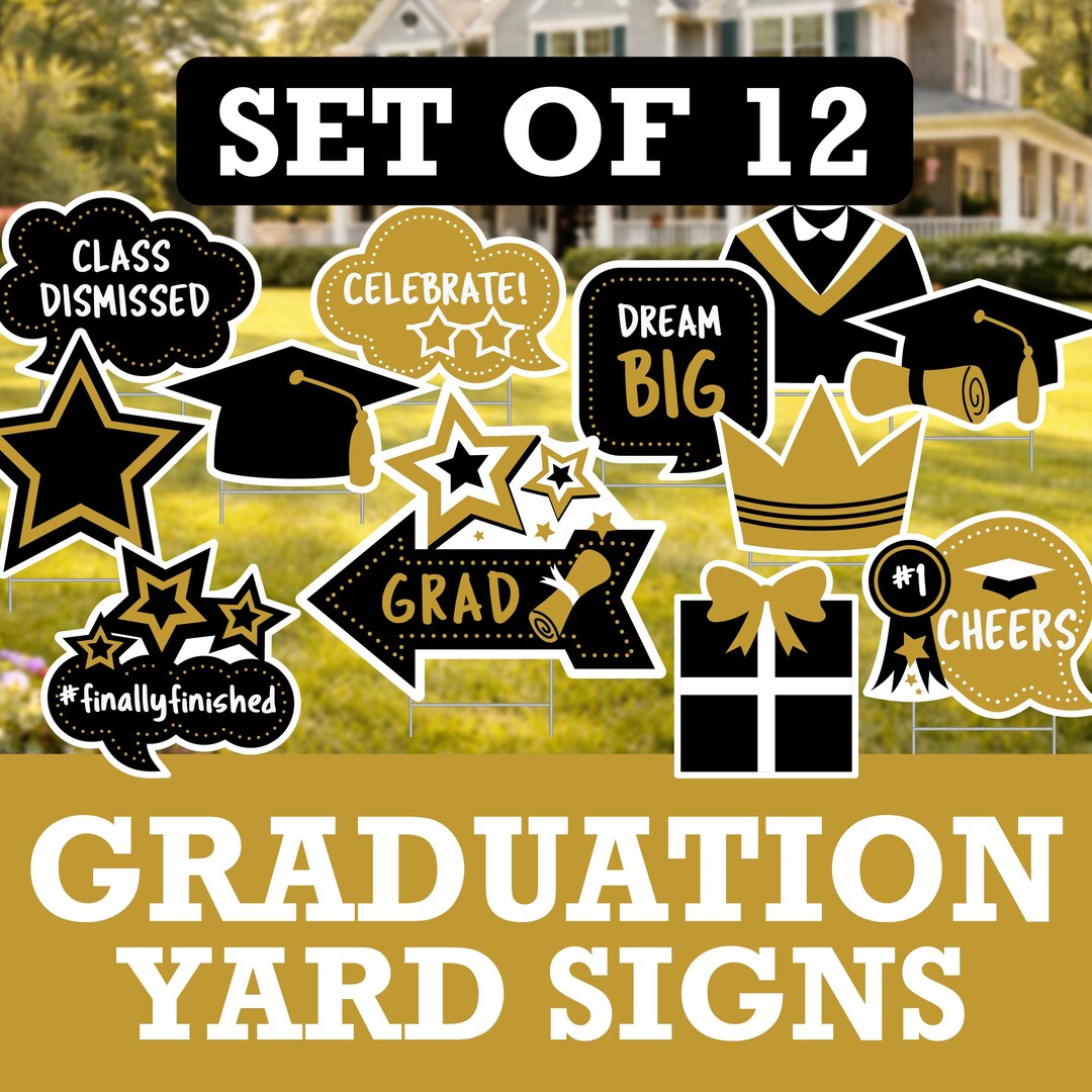 Graduation Yard Signs Set of 12 | Class of 2026 | Black & Gold Outdoor ...