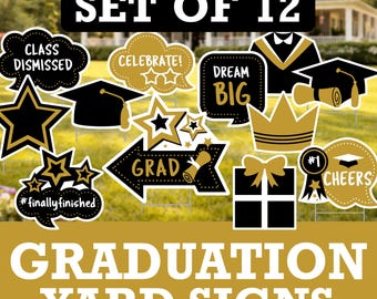 Juego de 12 letreros de graduación para jardín, promoción de 2026, decoración para fiestas al aire libre en negro y dorado.