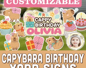 Letreros de cumpleaños personalizados con temática de carpincho, nombre y foto para jardín: Exhibición personalizada para fiestas al aire libre