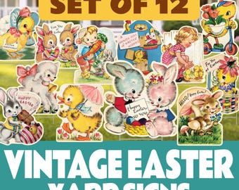Letreros de Pascua estilo vintage para jardín (juego de 12) - Decoración retro de mediados de siglo para exteriores