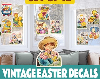 Decoración de Pascua estilo vintage para ventanas: vinilos removibles para interiores y exteriores. Bonita decoración de vidrio de temporada.