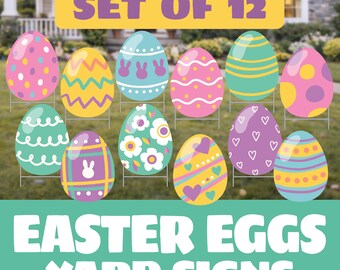 Juego de 12 letreros de Pascua para jardín / Decoraciones coloridas para exteriores de primavera