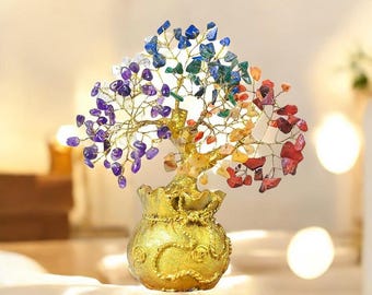 Feng Shui 7 Chakra Crystal Tree: Golden Money Bag Base, Healing Gemstones