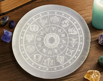 Selenite Crystal Charging Plate: Energy Cleansing, Chakra Healing (3 Inch Round Zodiac Sign Carved)