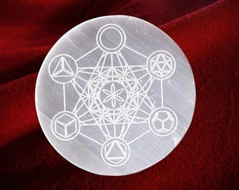 Selenite Crystal Charging Plate, 3 Inch Round with Carved Metatron's Cube