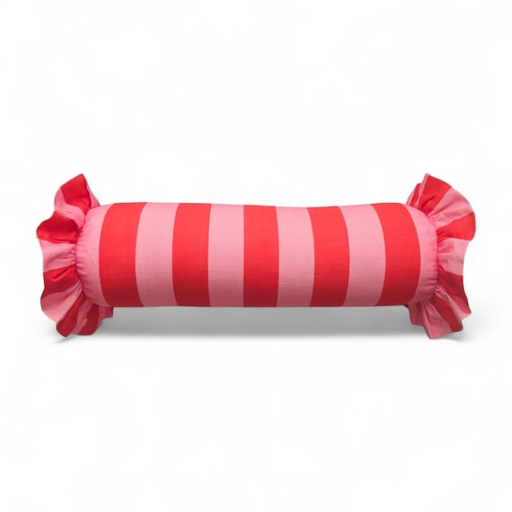 Striped Bolster Pillow Cover Linen Cushion with Ruffles - Colorful Handmade Decorative Pillow
