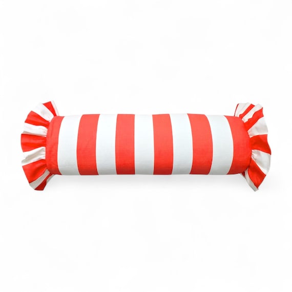 Striped Bolster Pillow Cover Linen Cushion with Ruffles - Colorful Handmade Decorative Pillow