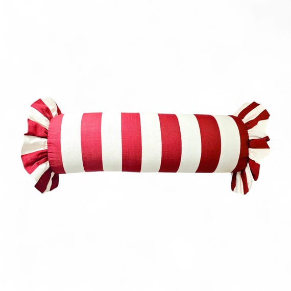 Striped Bolster Pillow Cover Linen Cushion with Ruffles - Colorful Handmade Decorative Pillow