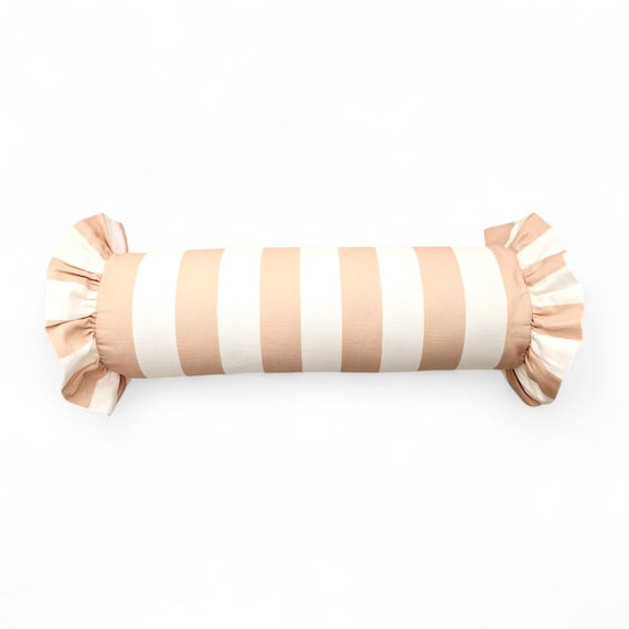 Striped Bolster Pillow Cover Linen Cushion with Ruffles - Colorful Handmade Decorative Pillow
