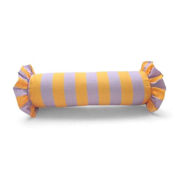Striped Bolster Pillow Cover Linen Cushion with Ruffles - Colorful Handmade Decorative Pillow