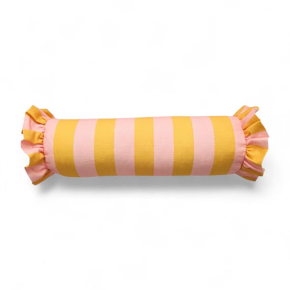 Striped Bolster Pillow Cover Linen Cushion with Ruffles - Colorful Handmade Decorative Pillow