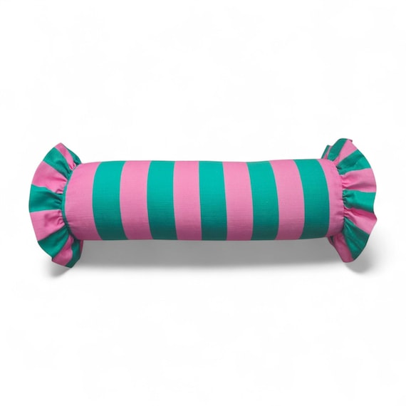 Striped Bolster Pillow Cover Linen Cushion with Ruffles - Colorful Handmade Decorative Pillow