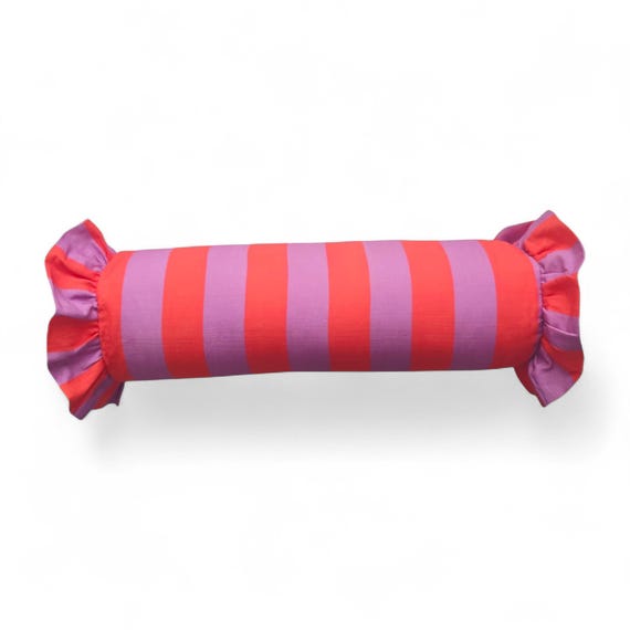 Striped Bolster Pillow Cover Linen Cushion with Ruffles - Colorful Handmade Decorative Pillow