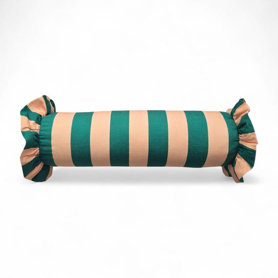 Striped Bolster Pillow Cover Linen Cushion with Ruffles - Colorful Handmade Decorative Pillow