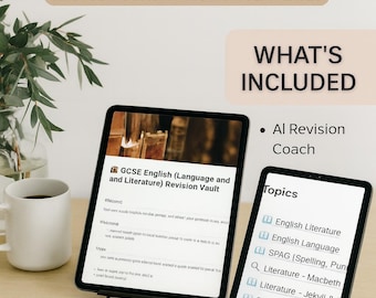May include: Two tablets displaying educational content. One shows "GCSE English Revision Vault" and "AI STUDY COACH + NOTION TEMPLATES." The other lists topics like English Literature and Poetry. A white mug and greenery are in the background.