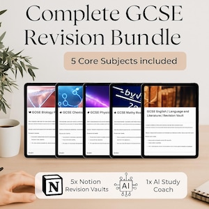 May include: A digital bundle for GCSE revision, featuring five core subjects on tablets. The image includes the text "Complete GCSE Revision Bundle" and "5 Core Subjects included." Also included are 5x Notion Revision Vaults and 1x AI Study Coach.