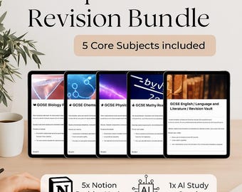 May include: A digital bundle for GCSE revision, featuring five core subjects on tablets. The image includes the text "Complete GCSE Revision Bundle" and "5 Core Subjects included." Also included are 5x Notion Revision Vaults and 1x AI Study Coach.