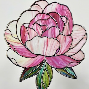 Faux Stained Glass Window Hanging Peony – Pink Flower Suncatcher – Floral Window Art – Unique Gift for Plant Lovers