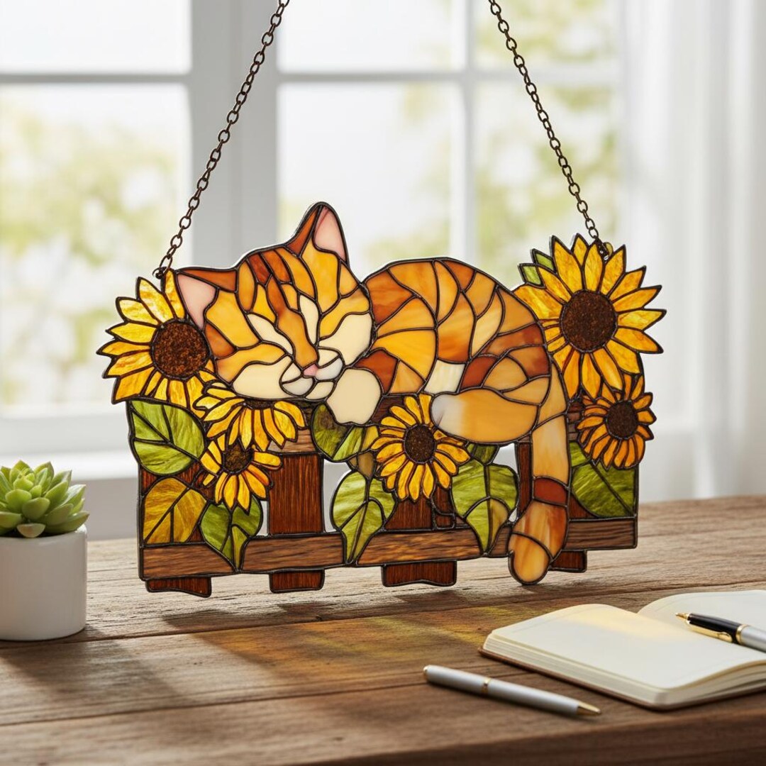 Resin Sleeping Cat Suncatcher – Sunflower Faux Stained Glass Window ...
