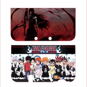 May include: A console skin set featuring two distinct designs. The top piece displays a dark, shadowy figure with long hair against a red background. The bottom piece shows the Bleach logo above a group of eleven chibi-style anime characters.