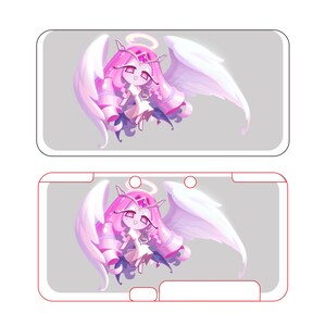 May include: A light gray phone case featuring a cartoon angel with pink hair, a halo, and white wings. The angel is holding a small object. The case has a white border and is designed for a handheld gaming device.