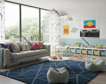 Navy Blue Hand Tufted Geometric Wool Rug, Modern Contemporary Custom Area Rugs for Bedroom