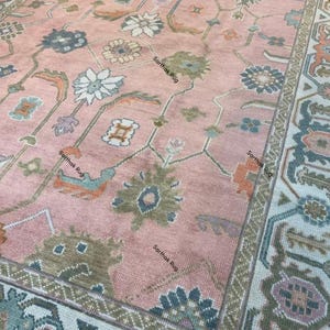 Hand-Knotted Oushak Rug: Pink & Green Turkish Wool Rug