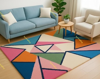 Hand Tufted Wool Rug, Geometric Mid Century Abstract Design, Living Room Carpet