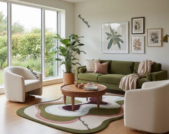 Hand Tufted Wool Rug, Irregular Green Organic Shape, Modern Abstract Carpet