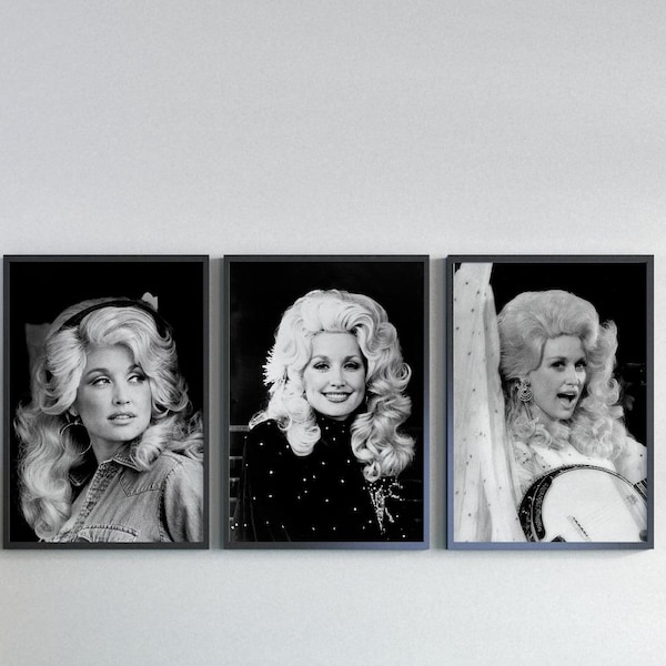 Elegant Dolly Parton Portraits Wall Art Set of 3 - Iconic Country Music Legend in Stunning Framed Prints - Perfect for Vintage Décor