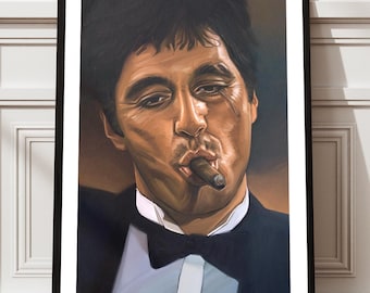 Scarface Tony Montana Art Print, Al Pacino Poster, Framed Gangster Movie Wall Art, Man Cave Mafia Decor