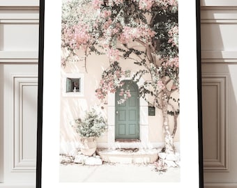 Kefalonia Door Framed Poster | Pink Floral Green Door Art Ready to Hang Travel Decor