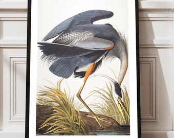 Great Blue Heron Art Print, Moody Bird Painting, Vintage Coastal Wall Decor, Framed Lakeside Cabin Poster