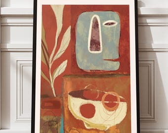 May include: Framed abstract art print featuring a light blue face with a white and purple nose and mouth. A white bowl with red circles and a plant in a vase are also depicted. The artwork is set against a red background.
