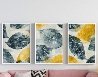 Conjunto de 3 láminas abstractas de hojas enmarcadas en madera / Tríptico de arte bohemio moderno / Textura grunge dorada y verde azulado oscuro para pared de galería