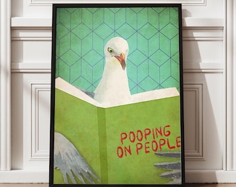 Cute Pigeon Bird Animal Modern Framed Print, Funny Toilet Bathroom Humor Sign, Cheeky Laundry Artwork, Fun Gifts Trendy Home Decor