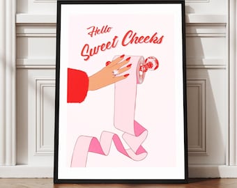 Cute Restroom Modern Framed Art Prints, Hello Sweet Cheeks Print, Wall Art, Restroom Decor, Girly Pink Prints, Retro Art Print