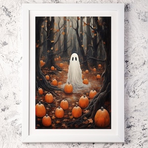 May include: A framed Halloween art print featuring a white ghost in a forest surrounded by orange pumpkins. The artwork has a spooky, autumnal theme with dark trees and fallen leaves, perfect for seasonal decor.