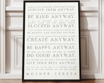 Comunque cartello da parete in legno / Madre Teresa / Arte moderna con cornice