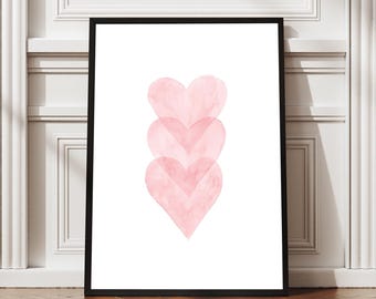 Póster de corazones en acuarela: arte mural de acuarela con tres corazones rosas, ilustración romántica de amor para dormitorio, sala de estar o regalo.